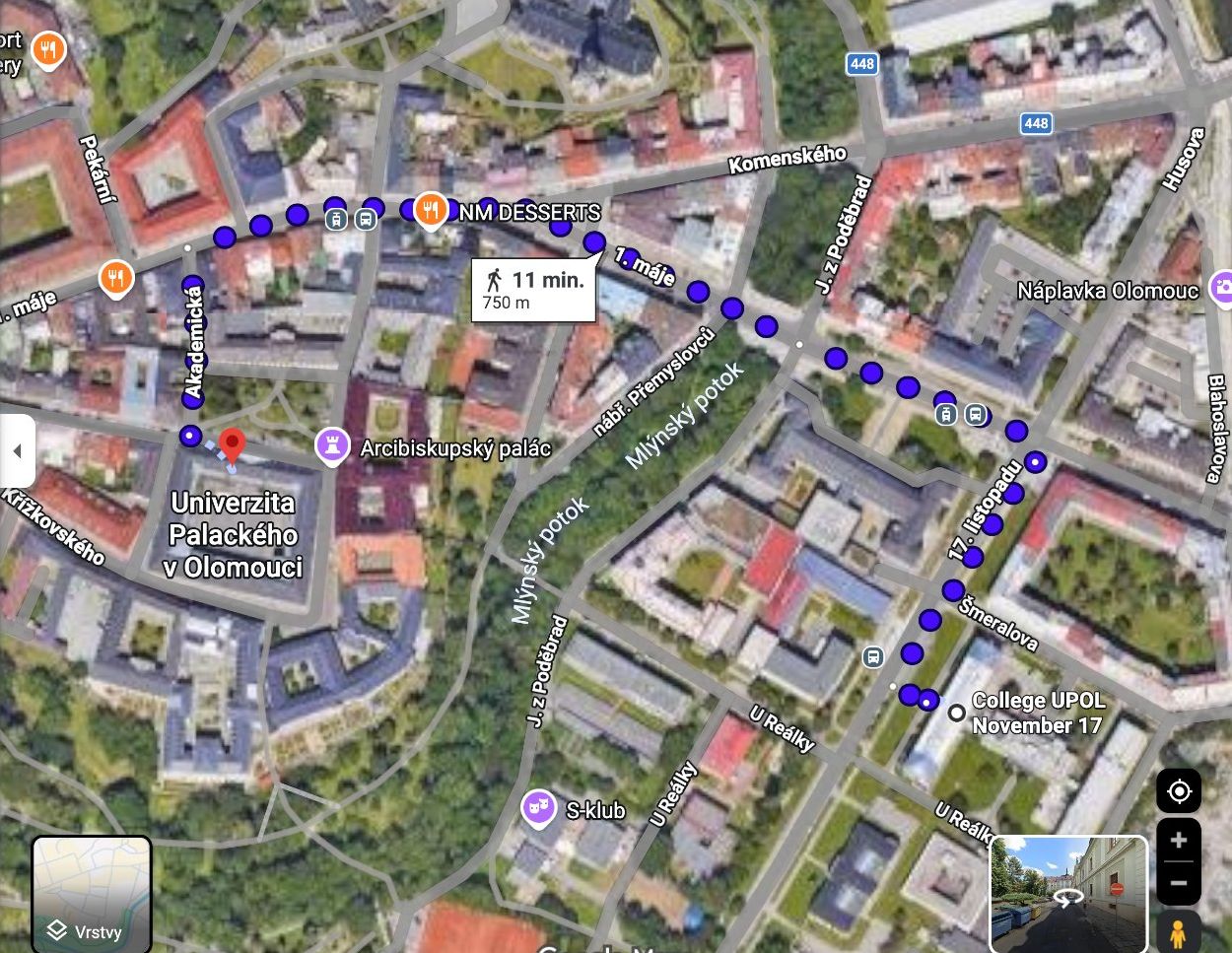 Mapa pešej trasy z Koleje 17. listopadu UPOL na Biskupské nám. – 11 minút, 750 m